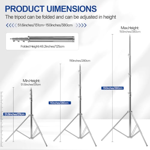 WELLMAKING Stainless Steel Photography Studio Light Stand 12.5ft/380cm.Spring Cushioned Heavy Duty Tripod Stand, 1/4” Screw Adapter & tilt Swivel Mount, for Strobe, Video Light, Ring Light,Softbox - size: 12.5ft