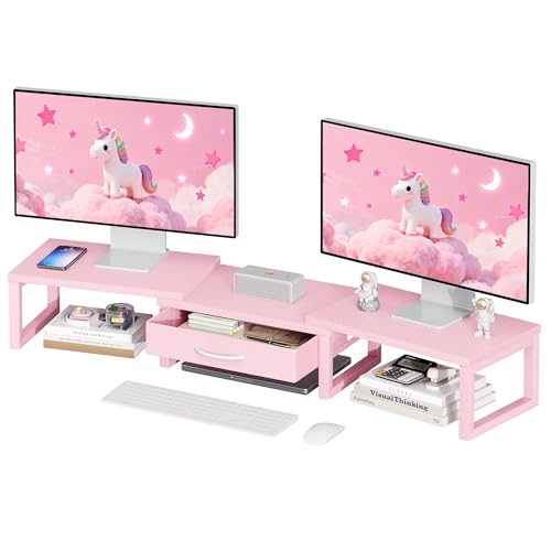Desk Organizers and Accessories, Dual Monitor Stand Riser with Drawer, Computer Monitor Stand, Adjustable Desk Shelf for PC Laptop Printer TV, Pink