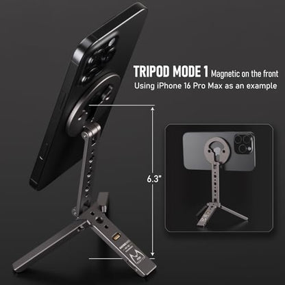 Ultra-Compact Magnetic Tripod for iPhone | Foldable Hook Design, 20 N52 Magnets, Cold Shoe & 1/4" Screw - Phone Stand for iPhone 12-17 & MagSafe Devices
