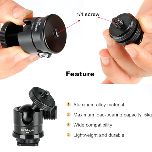 Koolehaoda Mini Ball Head with Cold Shoe Mount 360° Swivel for Camera | Tripod Ball Head Aluminum 1/4" Screw Panoramic Mount with Removable Hot Shoe Adapter for Video Light Microphone