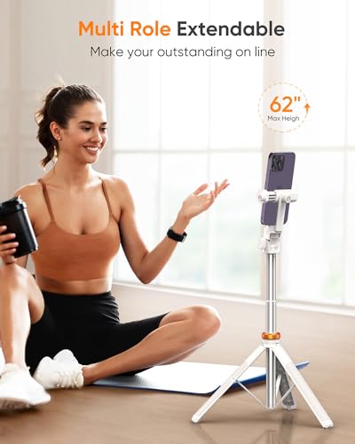 EUCOS 62" Tripod for iPhone, Sturdy Selfie Stick Tripod with Remote & Lightweight Phone Stand, Solidest Portable Cell Phone Tripod, Compatible iPhone Pro Max/Android [White] - color: Mineral White