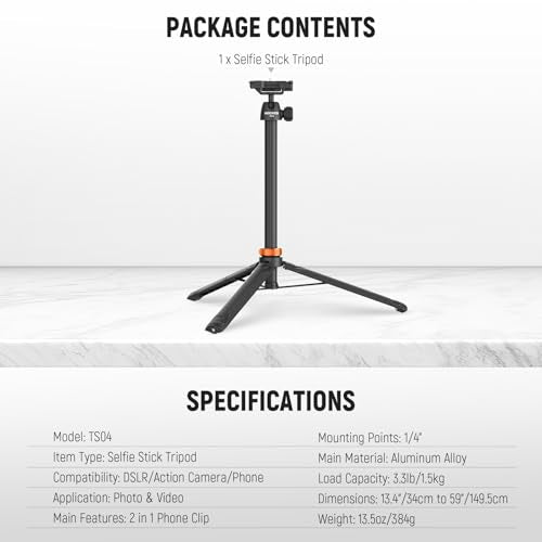NEEWER Basics 59" Selfie Stick Tripod Compatible with iPhone DLSR Canon Sony Camera, Small Metal Portable Travel Desk Stand for Video Recording Filming, TS04