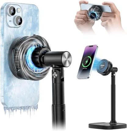 ULANZI SK-10 3-in-1 Phone Cooling Fan, Magnetic Wireless Charger Stand Compatible with iPhone 17 Pro Max, Semiconductor Cooler with Adjustable Desk Holder for Live Streaming, Gaming, Office Video Call