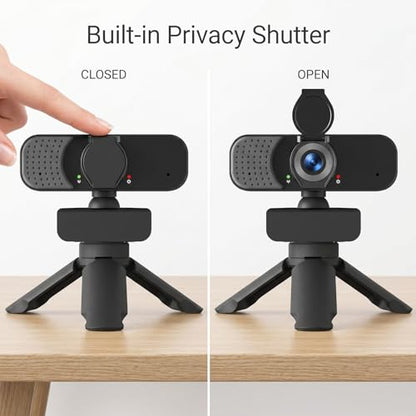 1080P Webcam with Noise-Cancelling Microphone and Tripod - Computer Camera with Privacy Shutter - 110° Wide Angle - USB Plug & Play for PC Laptop - Zoom Teams Streaming