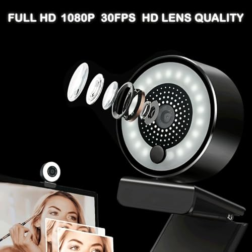 1080P Full HD Webcam Ring Light 3-Level Dimming 360 Rotating Base USB Plug-and-Play for Video Calls, Classes, Streaming, Black - color: Black