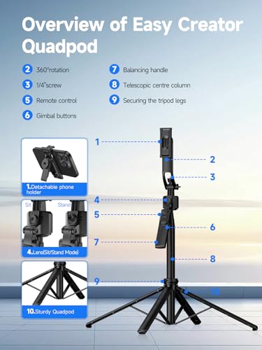 Rollei Auto Face Tracking Tripod, Smartphone Gimbal Stabilizer 64'' Selfie Stick Tripod Holder 360° Rotation for iPhone/Android Stand for Filming Streaming Tiktok Video Vlog - style: Easy Creator Quadpod
