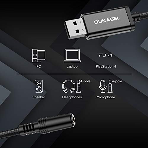 DUKABEL USB to 3.5mm Jack Audio Adapter - 2 Pack USB to Aux Cable with TRRS 4-Pole Mic-Supported External Sound Card for PC, PS4, PS5 and More [9.8 inch] - size: 9.9 inch / 2-Pack