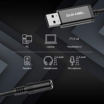 DUKABEL USB to 3.5mm Jack Audio Adapter - 2 Pack USB to Aux Cable with TRRS 4-Pole Mic-Supported External Sound Card for PC, PS4, PS5 and More [9.8 inch] - size: 9.9 inch / 2-Pack