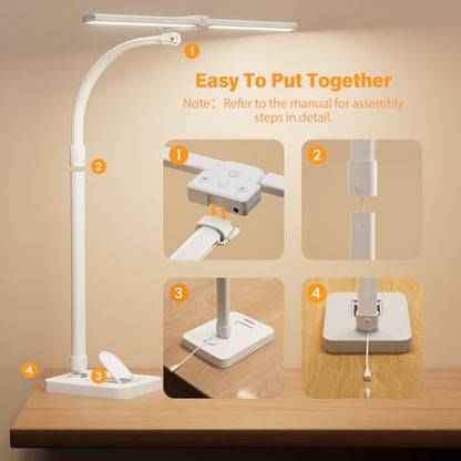 LED Desk Lamp with Base - Bright Dimmable Computer Lamp with Phone Holder, 24W Bendable Desk Light for Monitor Screen, Eye-Caring Tall Desktop Light for Task Home Office Work, White, Dual Head - style: Base Version - White