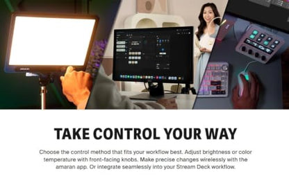 Amaran Verge Bi-Color Edge-Lit LED Panel, 2700K–6500K, USB-C PD (Charcoal) | RG0 Eye Comfort, Soft Even Light, Front Knobs, amaran App and Stream Deck Control, Flexible Mounting