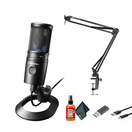 Audio-Technica AT2020USB-X Cardioid Condenser USB Microphone, Black + PodMaster Boom Broadcast/Podcast Boom Arm Mic Stand + Microfiber Cleaning Cloth + Goby Labs Microphone Cleaner