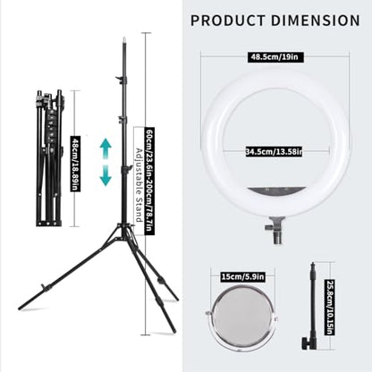 19 inch LED Ring Light Kit for Studio Portrait Photography, YouTube Video Recording, Live Streaming, Eyebrow Tattooing, Eyelash Beauty, Beauty Makeup and Lighting