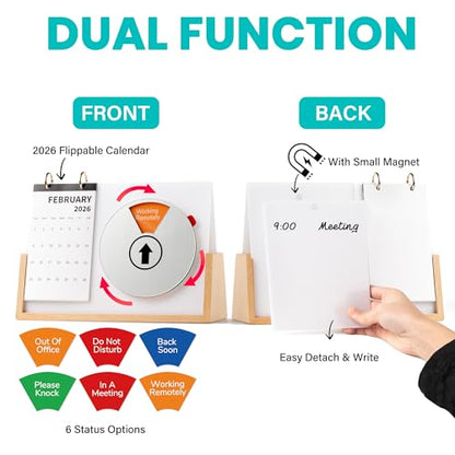 Desk Status Indicator for Office - 3-in-1 Privacy Sign with 6 Meeting Statuses, 2026 Desktop Monthly Calendar & Magnetic Acrylic Dry Erase to-Do Board, Solid Wood Base for WFH Cubicle, Black