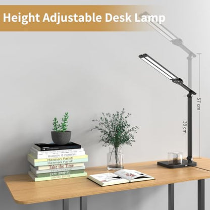 Woputne LED Desk Lamp, Dual Heads, Height Adjustable, USB Charging Port, 5 Light Modes & Dimmable Brightness, Bedside Lamp for Reading, Craft, Work, Study (Black, 15W)