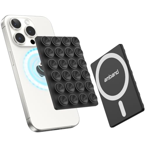 amBand Magnetic Sticky Phone Suction Grip for MagSafe, Removable for Wireless Charging, Durable Magnet Silicone Portable Mount Stand for iPhone 12 13 14 15 16 17 Series, Hands-Free Video/Selfie, Black - color: Black