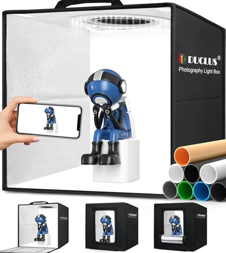 DUCLUS Light Box Photography, 12"x12" Photo Booth Box with 120 LED Lights Dimmable & CRI＞95, Portable Lightbox with 8 Backdrops for Mini Product Photography: Jewelry, Cards, Watches - size: 12*12 inch