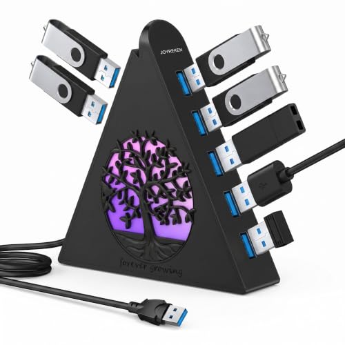 7-Port USB 3.0 Hub, Vertical USB Hub Splitter with RGB Lighting, 5Gbps High-Speed Data Transfer and 2FT Extension Cable, Compatible with Laptop, PC, Desktop, MacBook, PS5, Xbox, Flash Drive - color: 2-Tree Black