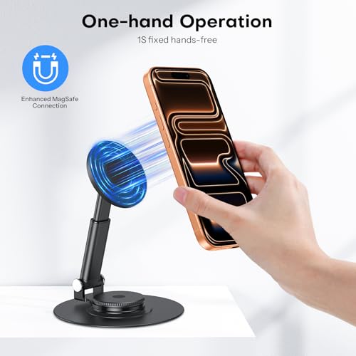 OMOTON MS05 360° Rotating Magnetic Phone Stand for MagSafe, [Height Adjustable] Foldable Cell Phone Stand for Desk, Office Desk Accessories Gift for iPhone 17/16/15 Pro Max Air for PC Gaming Women Men