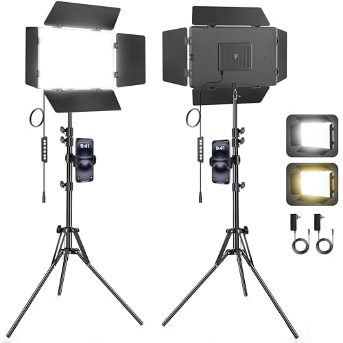 2 Pack LED Video Light with Barndoor, 30W Photography Lighting with Tripod Stand, 3000Lux CRI 98+ 2500K-8500K Studio Light Podcast Lighting for Video Recording, Game Live Streaming, Vlogging - size: 63" Tripod Stand