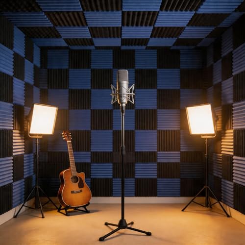 52 Pack Black blue 1" x 12" x 12" Acoustic Wedge Studio Foam Sound Absorption Wall Panels(Accompanied By Double-Sided Adhesive Tape) - color: BLACK blue