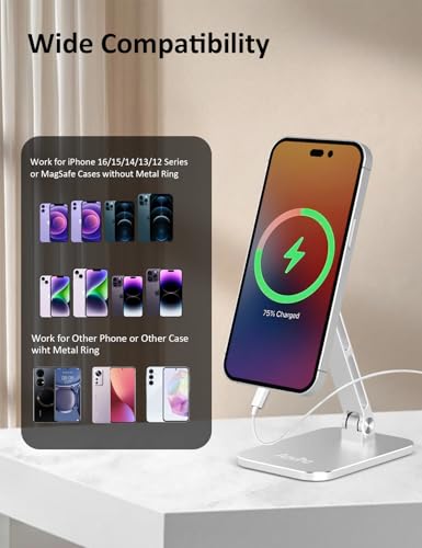 Aoviho Magnetic Phone Stand for MagSafe Adjustable - Aluminum Portable Phone Holder for Desk with 360° Rotating Head Compatible with iPhone 17/16/15/14/13/12 Pro Max and Magnetic Phone Case, Silver - color: Silver