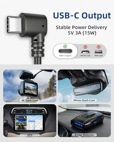 Dash Cam Hardwire Kit USB C – Acc Power Cable with 24H Parking Mode & Low Voltage Protection, Compatible with Redtiger, Wolfbox, Vanture, Viofo, TERUNSOUL and Most Dash Cameras, 4 Fuse Tap Sets