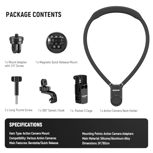 NEEWER Magnetic Neck Mount with Pocket 3 Cage, Flexible Quick Release Action Camera Neck Holder Compatible with Hero 13 12 11 Max DJI Action 5 Pro Insta360 Osmo Pocket 3 Accessory for POV, GP39 - style: GP39