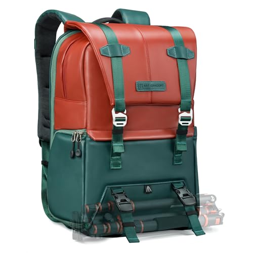 K&F CONCEPT 20L Camera Case for Photographers Large Capacity PU Leather Camera Bags with Raincover, 15.6 Inch Laptop Compartment for Camera Drone Bags - color: 06-orange Green