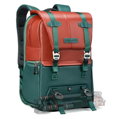 K&F CONCEPT 20L Camera Case for Photographers Large Capacity PU Leather Camera Bags with Raincover, 15.6 Inch Laptop Compartment for Camera Drone Bags - color: 06-orange Green