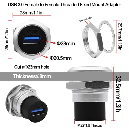 USB 3.0 Panel Mount Coupler USB Type A Female to Female Adapter Threaded Fixed Bulkhead Extension Embedded Round Connector with Water/Dustproof Cap