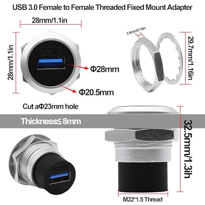 USB 3.0 Panel Mount Coupler USB Type A Female to Female Adapter Threaded Fixed Bulkhead Extension Embedded Round Connector with Water/Dustproof Cap