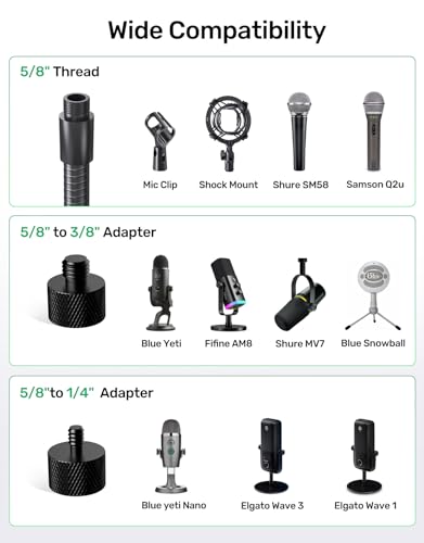 19" Flexible Gooseneck Mic Stand with Desk Clamp【Heavy Duty】 1/4" & 3/8" Adapters，for Gaming, Live Streaming, Podcast, Conference, and Podium