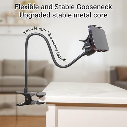 Gooseneck Bed Phone Holder, Flexible Long Arm Clip On Phone Holder for Bed, Desk, Headboard, Bedside, 360 Adjustable Cell Phone Clamp Mount Stand, All 4-7" Cellphone