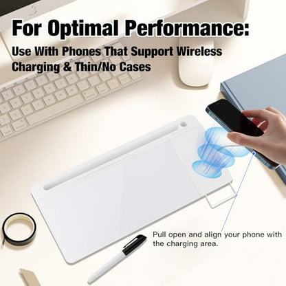 Glass Desktop Whiteboard with Wireless Charger & Storage, Desk Dry Erase Note Memo Board, Compact Desk Organizer for Desk, Home, Study, Office, Back to School Supplies, White, 2026 - color: White Wireless Charger