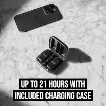 RØDE Wireless Micro — Compact Wireless Microphone for Lightning (X Through 14), Two Mics with Charging Case for Smartphone Content Creation, Black — NOT for iPhone 15+ | Two Clip-on Transmitters with Built-in Mics, Lightning Receiver, Up to 21 Hrs Battery