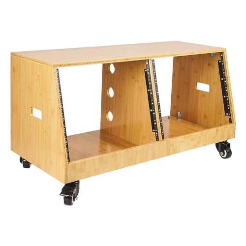 Sound Town DIY 2 x 8U Slanted Studio Rack with Solid Carbonized Bamboo, Casters, for Recording Room, Home Studio (STBR-D8T) - size: 2 x 8U, Carbonized Bamboo