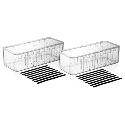 Cord Organizer Box 2 Pack – Clear Cable Organizer with Adjustable Dividers, Fits Up to 10ft Cables, Cord Storage Organizer for Chargers & Tech Accessories – Includes 16 Velcro Ties