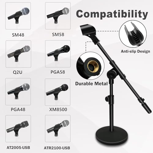 Adjustable Desktop Mic Stand, Desk Stand Tabletop Table Top Microphone Stand with Mic Clip for Handheld Microphone, Boom Arm, 5/8" Male to 3/8" Female Screw Adapter