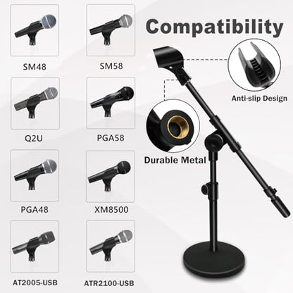 Adjustable Desktop Mic Stand, Desk Stand Tabletop Table Top Microphone Stand with Mic Clip for Handheld Microphone, Boom Arm, 5/8" Male to 3/8" Female Screw Adapter