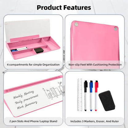 Desktop Whiteboard, Glass Dry Erase Board, Desk Board Buddy,Computer Keyboard Stand,Desk Whiteboard Organizer for Home,Office,School Supplies (Pink) - color: Pink
