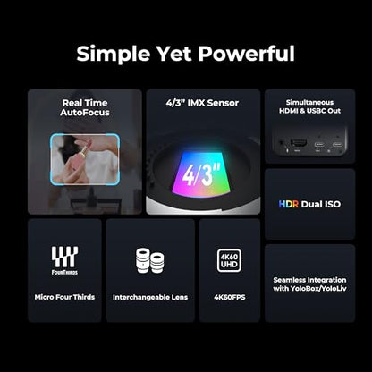 YOLOLIV YoloCam S7 4K60 Streaming Camera with 18mm F1.4 MFT Lens, ToF Autofocus, 4X Zoom, Interchangeable Lens, Plug & Play Webcam, for Twitch, YouTube, Zoom - style: Camera Body with 18mm Lens