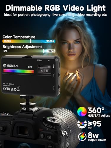 Moman LED Camera Light, RGB Video Lights for Photography, App Wireless Control, 2500-9000K, CRI 95+, Long Battery Life, Portable Lighting Panel with Cold Shoe, Fits for GoPro Sony Canon - color: Black