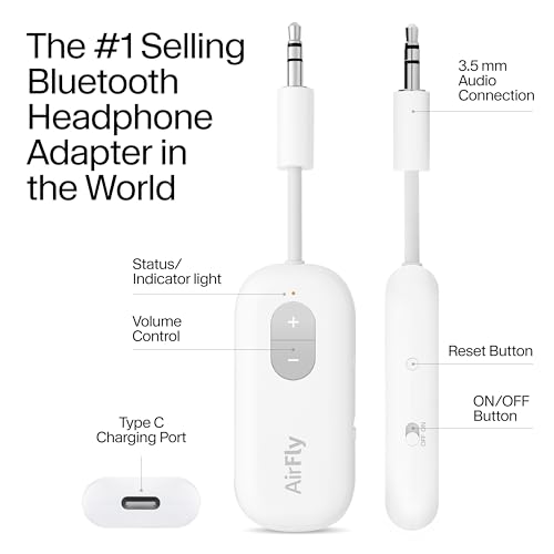 Twelve South AirFly SE, Bluetooth Wireless Audio Transmitter for AirPods/Wireless or Noise-Cancelling Headphones; Use with 3.5 mm Audio Jack on Airplanes, Gym Equipment or iPad/Tablets (Cool White) - color: Cool White, style: AirFly SE