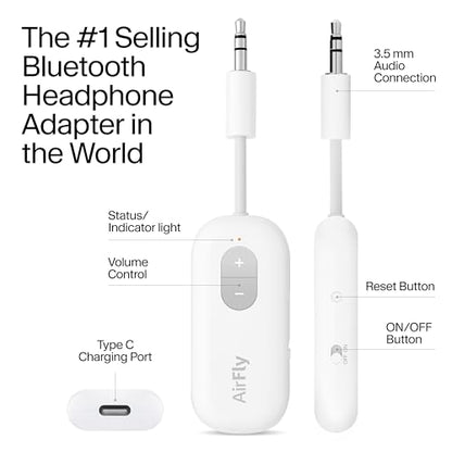 Twelve South AirFly SE, Bluetooth Wireless Audio Transmitter for AirPods/Wireless or Noise-Cancelling Headphones; Use with 3.5 mm Audio Jack on Airplanes, Gym Equipment or iPad/Tablets (Cool White) - color: Cool White, style: AirFly SE