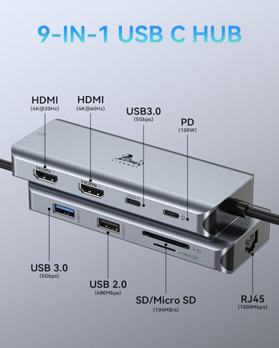 LIONWEI 9 in 1 Laptop Docking Station, Dual HDMI, 100W PD, USB C 3.0, Ethernet, Audio/Mic, USB C Hub for Dell/Surface/HP/Lenovo Laptops - color: 9-in-1 (2 HDMI)