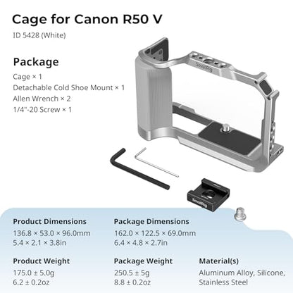 SmallRig R50 V Camera Cage for Canon R50V, Built-in Ergonomic Silicone Grip, QR Plate for Arca, 1/4"-20 Threaded Hole, 3/8"-16 Holes for ARRI, Cold Shoe, QD Sockets, Vertical Shooting(Silver)-5428 - color: Silver