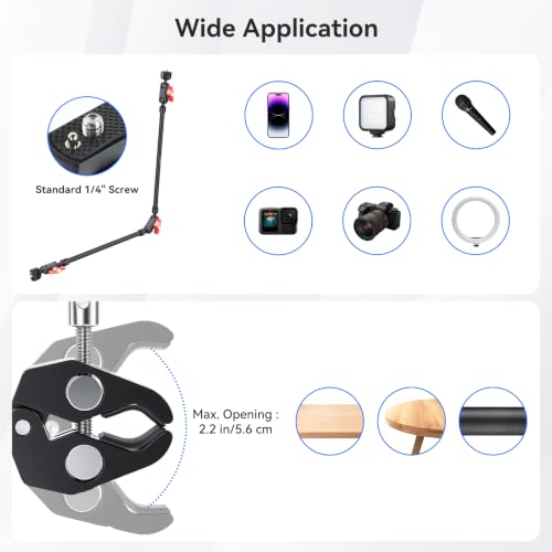 UEEBIT 33" Camera Arm with Desk Super Clamp, Articulating Extra-Long Magic Arm 360° Ball Heads with 1/4" & 3/8" Threads Screws for Phone, Mic, Light, Webcams, Action Camera (Black Red) - size: 33inch