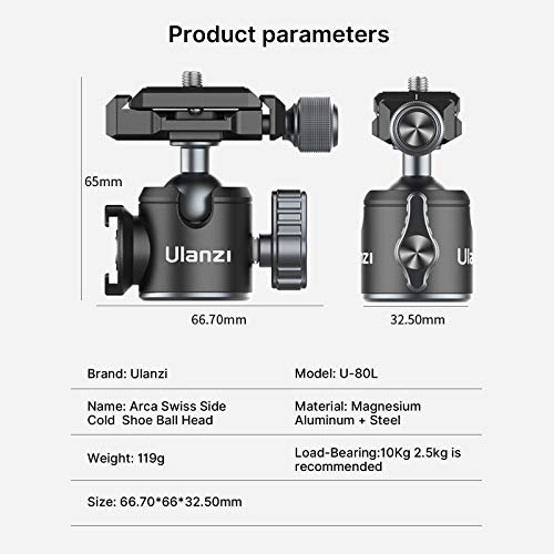 ULANZI U-80L Metal Ball Head Camera Mount Arca Swiss 360 Rotating with Quick Release Plate & Cold Shoe, 22lbs/10kg Load for 1/4" Tripod, Monopod, DSLR