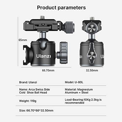 ULANZI U-80L Metal Ball Head Camera Mount Arca Swiss 360 Rotating with Quick Release Plate & Cold Shoe, 22lbs/10kg Load for 1/4" Tripod, Monopod, DSLR