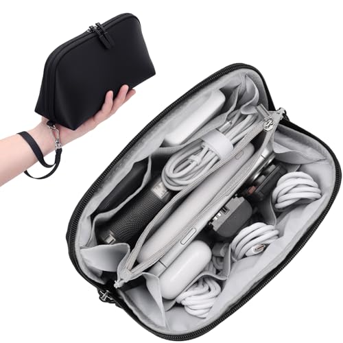 FYY Travel Cable Organizer - 8 Compartments, Lightweight, Water Repellent | With Wrist Strap, Portable Tech Pouch for Cord Charger, Travel and Business Trips Use, Soft Shell Nylon, Black (Medium) - color: Black, size: (M) 8.9"× 5.1"× 3.3"